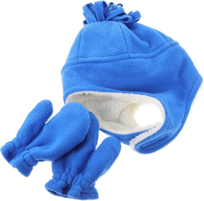 Cute Trapper Hat And Warm Mittens Set For Kids Boys Girls Outdoor Winter Blue - Image 1