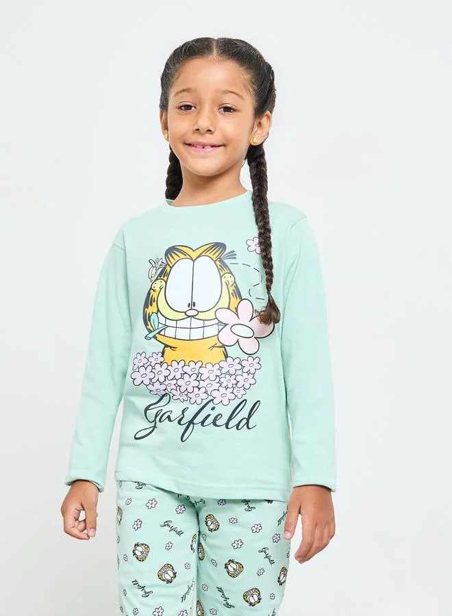 Styli Girls Garfield Cotton Long Sleeve T-Shirt and Pyjama Set