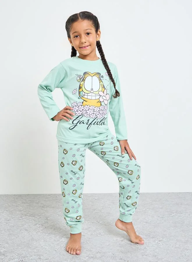 Styli Girls Garfield Cotton Long Sleeve T-Shirt and Pyjama Set