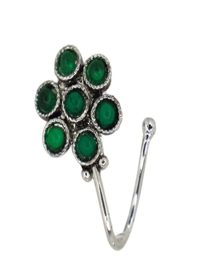 JWELLA Oxidised Silver Nose Pin Set of 4 for Women and Girls, Clip-On Nosepins with Green, Red, Pink Stone and Pearl Floral Designs, Lightweight Traditional Jewellery - Image 5