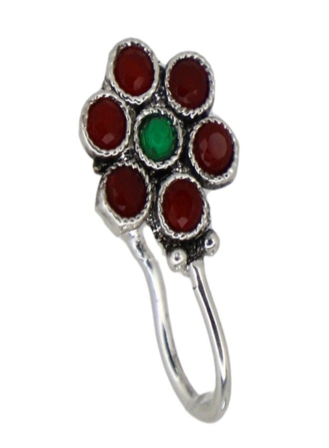 JWELLA Oxidised Silver Nose Pin Set of 4 for Women and Girls, Clip-On Nosepins with Green, Red, Pink Stone and Pearl Floral Designs, Lightweight Traditional Jewellery - Image 3