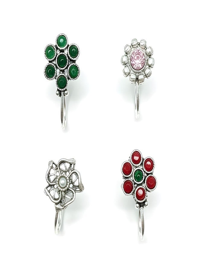 JWELLA Oxidised Silver Nose Pin Set of 4 for Women and Girls, Clip-On Nosepins with Green, Red, Pink Stone and Pearl Floral Designs, Lightweight Traditional Jewellery - Image 1
