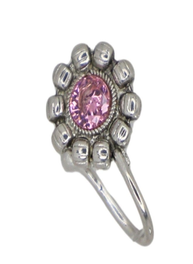 JWELLA Oxidised Silver Nose Pin Set of 4 for Women and Girls, Clip-On Nosepins with Green, Red, Pink Stone and Pearl Floral Designs, Lightweight Traditional Jewellery - Image 4