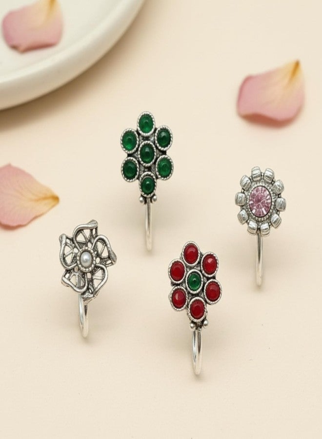 JWELLA Oxidised Silver Nose Pin Set of 4 for Women and Girls, Clip-On Nosepins with Green, Red, Pink Stone and Pearl Floral Designs, Lightweight Traditional Jewellery - Image 2