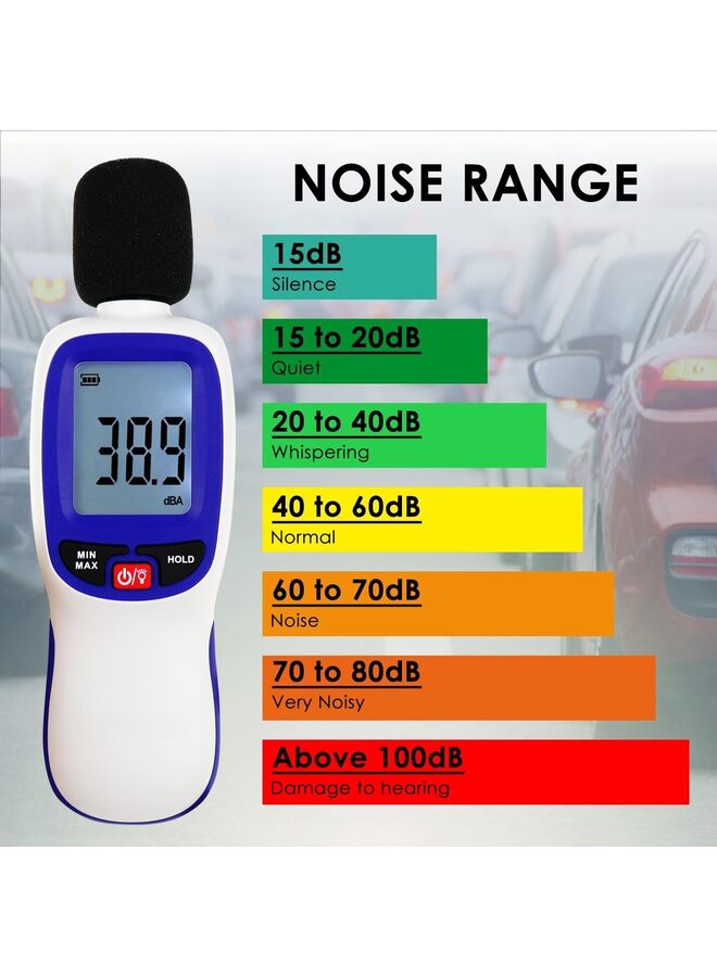 يُسلِّم مقياس ديسيبل بتقنية البلوتوث، قارئ مستوى الصوت الرقمي مع تسجيل البيانات، مقياس ديسيبل ذكي للضوضاء من 30 ديسيبل إلى 130 ديسيبل مع تثبيت البيانات وشاشة LCD بإضاءة خلفية، مقياس مستوى ضغط الصوت الموزون للتيار المتردد للفصول الدراسية. - Image 4
