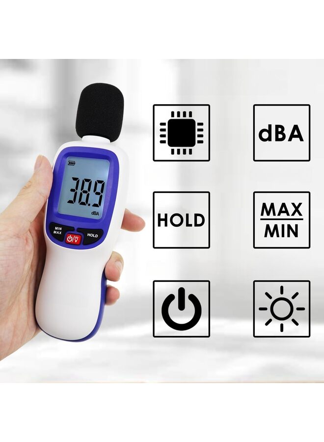 يُسلِّم مقياس ديسيبل بتقنية البلوتوث، قارئ مستوى الصوت الرقمي مع تسجيل البيانات، مقياس ديسيبل ذكي للضوضاء من 30 ديسيبل إلى 130 ديسيبل مع تثبيت البيانات وشاشة LCD بإضاءة خلفية، مقياس مستوى ضغط الصوت الموزون للتيار المتردد للفصول الدراسية. - Image 3