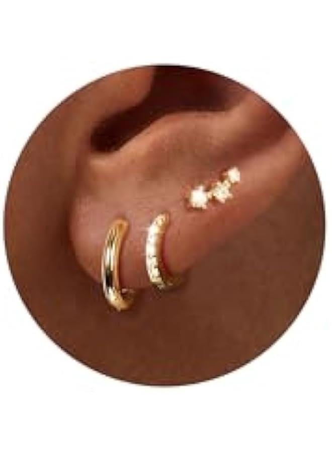 3 Pairs Gold Hoop Earrings Set: Dainty Stud Earrings Trendy Small 14K Gold Plated Hypoallergenic Dangle Cartilage Huggie Hoop Earrings for Women Gold Jewelry for Women Gifts - Image 1