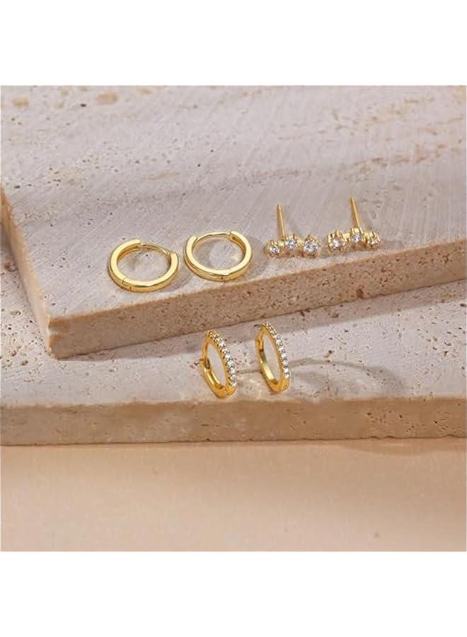 3 Pairs Gold Hoop Earrings Set: Dainty Stud Earrings Trendy Small 14K Gold Plated Hypoallergenic Dangle Cartilage Huggie Hoop Earrings for Women Gold Jewelry for Women Gifts - Image 3