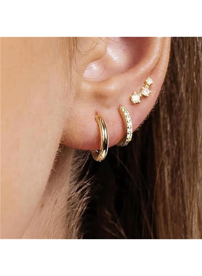 3 Pairs Gold Hoop Earrings Set: Dainty Stud Earrings Trendy Small 14K Gold Plated Hypoallergenic Dangle Cartilage Huggie Hoop Earrings for Women Gold Jewelry for Women Gifts - Image 2