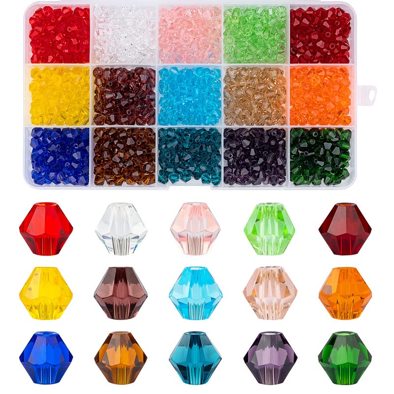 MissAudrey 900pcs Bicone Glass Beads 6mm Bicone Crystal Beads for Jewelry Making Faceted Crystal Glass Beads 15 Colors for DIY Beading Projects Bracelets Necklaces Earrings Suncatcher Crafts