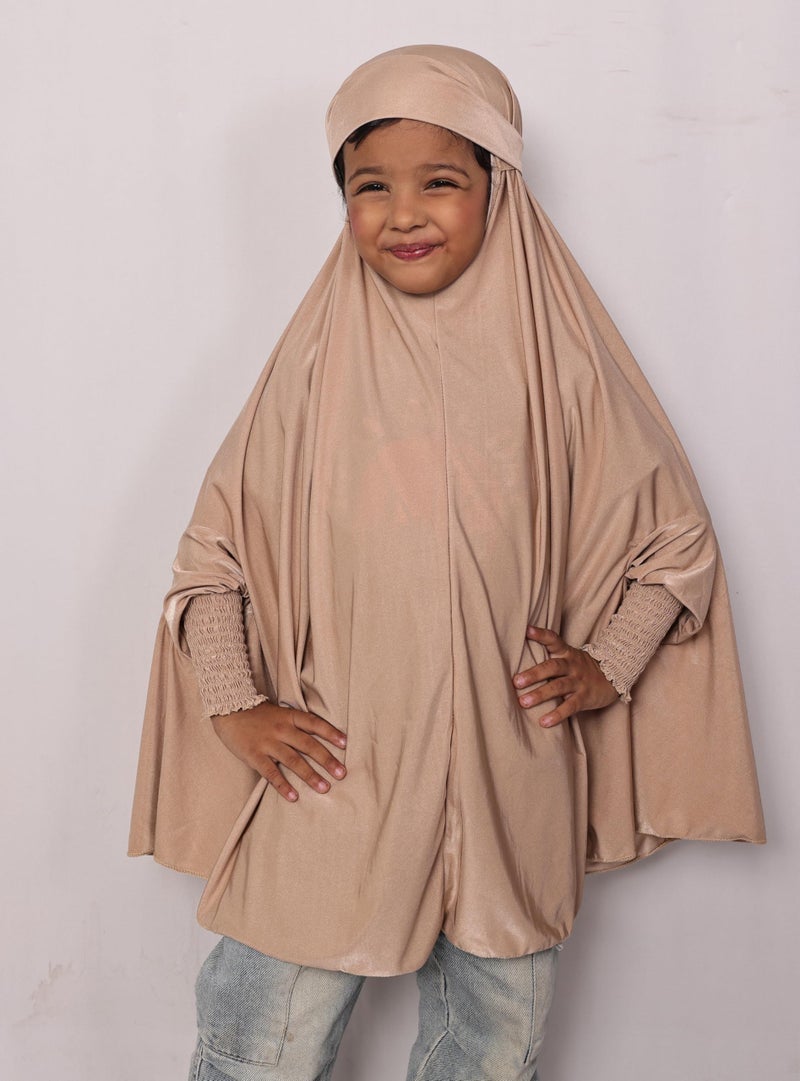ICW Girls' Prayer Polyknit Jersey Islamic Long-Sleeves with Smocking Jilbab Khimar MakhanaHijab For Kids (Beige, 3-7 Years (36 inch Lenght)) - Image 2