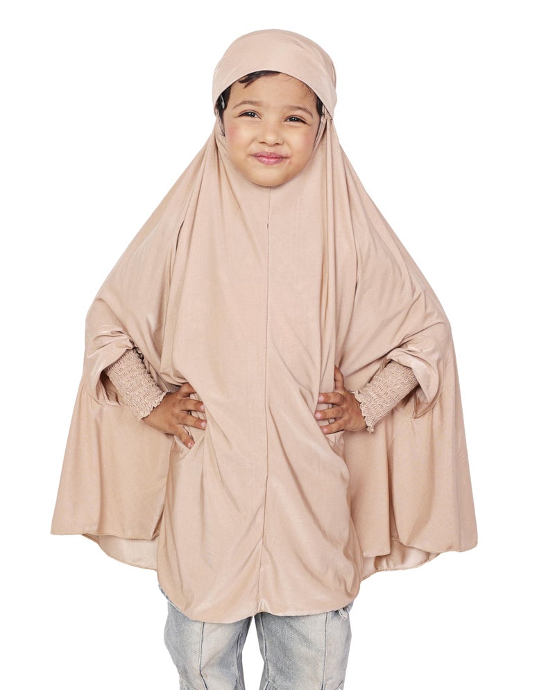 ICW Girls' Prayer Polyknit Jersey Islamic Long-Sleeves with Smocking Jilbab Khimar MakhanaHijab For Kids (Beige, 3-7 Years (36 inch Lenght)) - Image 1