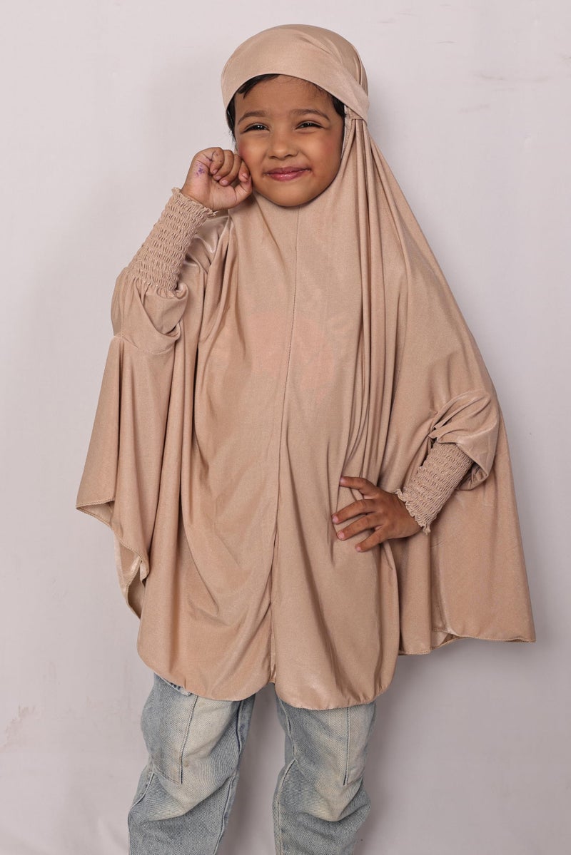 ICW Girls' Prayer Polyknit Jersey Islamic Long-Sleeves with Smocking Jilbab Khimar MakhanaHijab For Kids (Beige, 3-7 Years (36 inch Lenght)) - Image 3