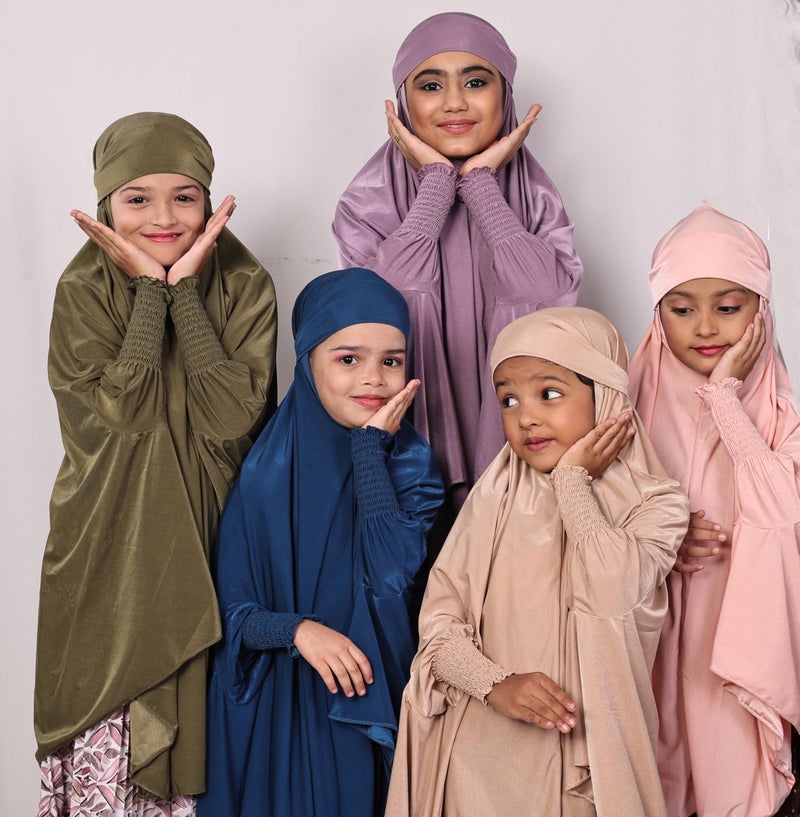 ICW Girls' Prayer Polyknit Jersey Islamic Long-Sleeves with Smocking Jilbab Khimar MakhanaHijab For Kids (Beige, 3-7 Years (36 inch Lenght)) - Image 4