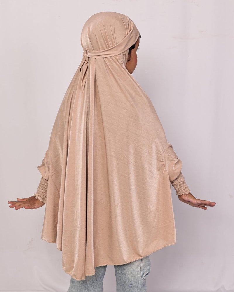 ICW Girls' Prayer Polyknit Jersey Islamic Long-Sleeves with Smocking Jilbab Khimar MakhanaHijab For Kids (Beige, 3-7 Years (36 inch Lenght)) - Image 5
