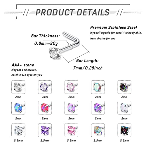 MILACOLATO 20G Nose Rings 316L Surgical Stainless Steel Nose Ring Studs L Shaped Studs Rings CZ Nose Ring Labret Nose Piercing Jewelry for Men Women - Image 2