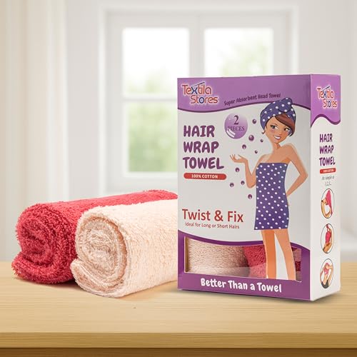 Textila Stores Textila 100% Cotton Hair Wrap Towels for Women (Pack of 2, Raspberry & Pink) – Soft & Absorbent Turban Towels for Long, Curly, Frizz-Prone Hair - Image 2