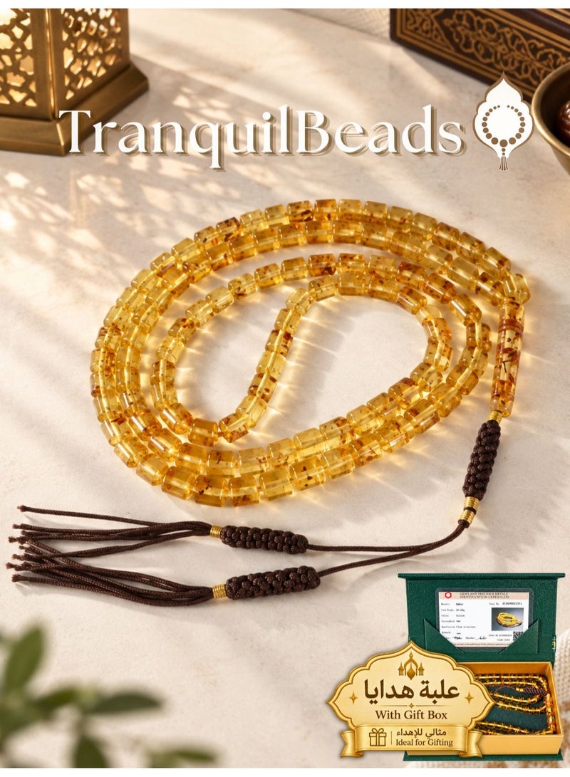 TranquilBeads Natural Baltic Flower Amber Tasbih with Certificate, 99 Beads Misbaha with Handmade Woven Tassel & Gift Box, Gift for Ramadan, Eid, Hajj & Umrah - Image 1