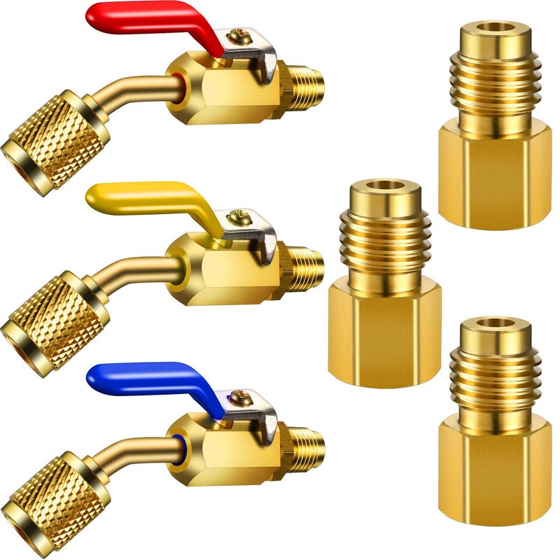 6 Pieces Air Conditioning Refrigerant Angled Compact Ball Valve 14 Inch for R410A R134A R12 R22 AC HVAC and R12 R22 to R134A Adapters 6015 R134A Refrigerant Tank Adapter 6014 Vacuum Pump Adapter