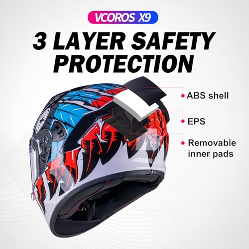 VCOROS Full Face Motorcycle Helmet X9 with Inner Sun Visor DOT Approved Motorbike Moto Street Bike Racing Helmet(Indian-Eagel, L) - Image 2