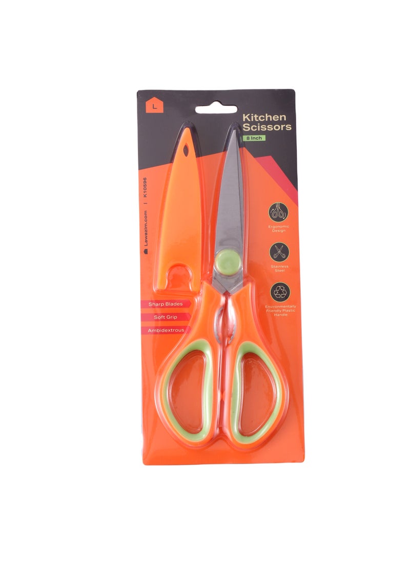Kitchen Scissors -8inch- Ambidextrous Utility Scissors with Sharp Pointed Tip, Blade Guard, Assorted Colors Sent Randomly (Color Not Selectable) -For Food Prep, Cutting Meat, Herbs, Vegetables