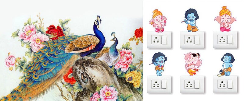 Eja Art Royal Peacock Ganesh and Friends Switch Board Sticker - Image 1