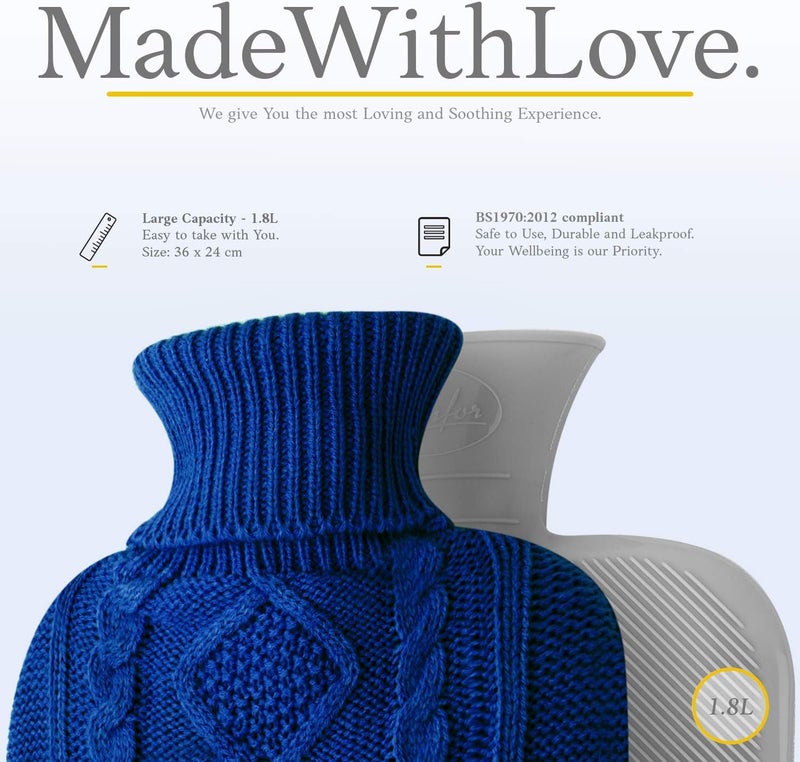 Qomfor Hot Water Bottle - Premium Soft Knit Cover - Large Capacity 1.8L - Hot Water Bottle with Knitted House for Pain Relief, Back, Neck & Shoulders & Cosy Warm Nights - Dark Blue - Image 3