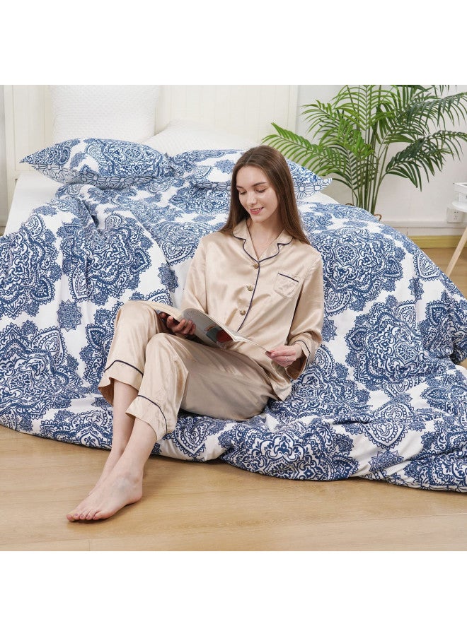 PHF PHF Ultra Soft Paisley Duvet Cover King Size, Printed Bedding Set 3 Pieces, Comfy Farmhouse Pattern Duvet Cover Set with 2 Pillow Shams, Zipper Closure and 8 Ties, 104"x90", Royal Blue & White  - Image 1