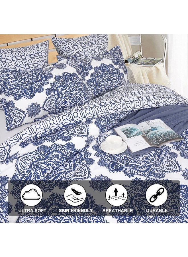 PHF PHF Ultra Soft Paisley Duvet Cover King Size, Printed Bedding Set 3 Pieces, Comfy Farmhouse Pattern Duvet Cover Set with 2 Pillow Shams, Zipper Closure and 8 Ties, 104"x90", Royal Blue & White  - Image 2