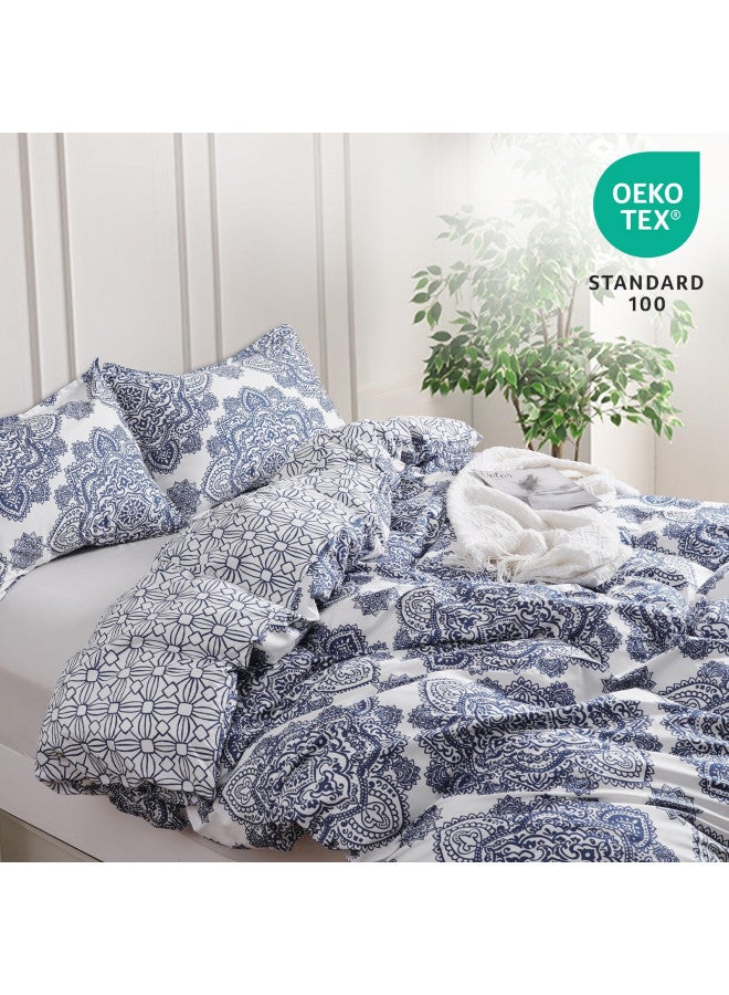 PHF PHF Ultra Soft Paisley Duvet Cover King Size, Printed Bedding Set 3 Pieces, Comfy Farmhouse Pattern Duvet Cover Set with 2 Pillow Shams, Zipper Closure and 8 Ties, 104"x90", Royal Blue & White  - Image 3