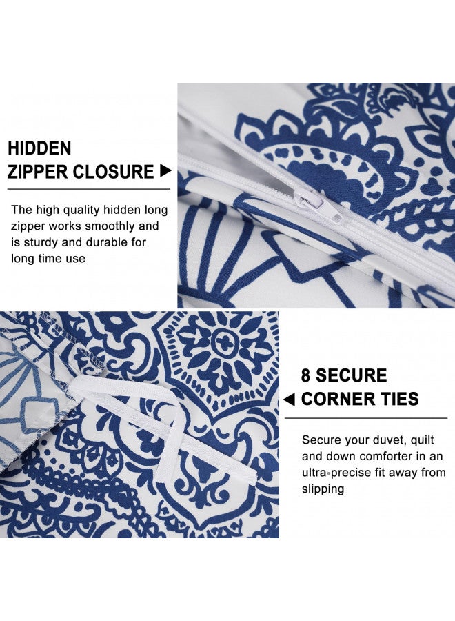 PHF PHF Ultra Soft Paisley Duvet Cover King Size, Printed Bedding Set 3 Pieces, Comfy Farmhouse Pattern Duvet Cover Set with 2 Pillow Shams, Zipper Closure and 8 Ties, 104"x90", Royal Blue & White  - Image 4