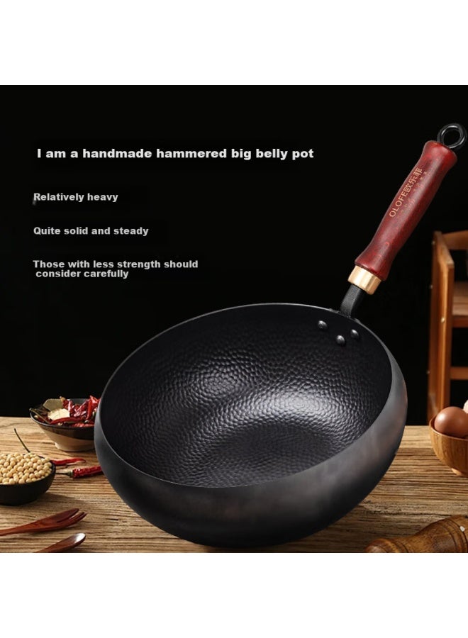 Olofe Zhangqiu Hand-forged Small Iron Wok, Large Belly, Non-coated Stir-fry Pan, Round Belly Small Hammer Iron Pot, Black Beauty Large Belly Black Iron Pot, 24cm - Image 2