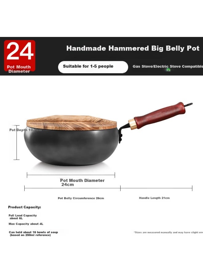 Olofe Zhangqiu Hand-forged Small Iron Wok, Large Belly, Non-coated Stir-fry Pan, Round Belly Small Hammer Iron Pot, Black Beauty Large Belly Black Iron Pot, 24cm - Image 1
