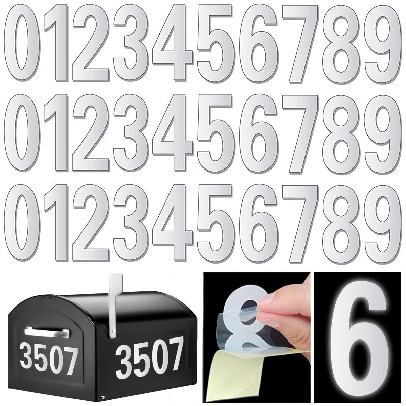Reflective Mailbox Numbers for Outside 30 Pcs Waterproof Mailbox Numbers Stickers Large 3 Inch Self Adhesive 09 Vinyl Number for Mailbox Door Garbage Bins Address Number White