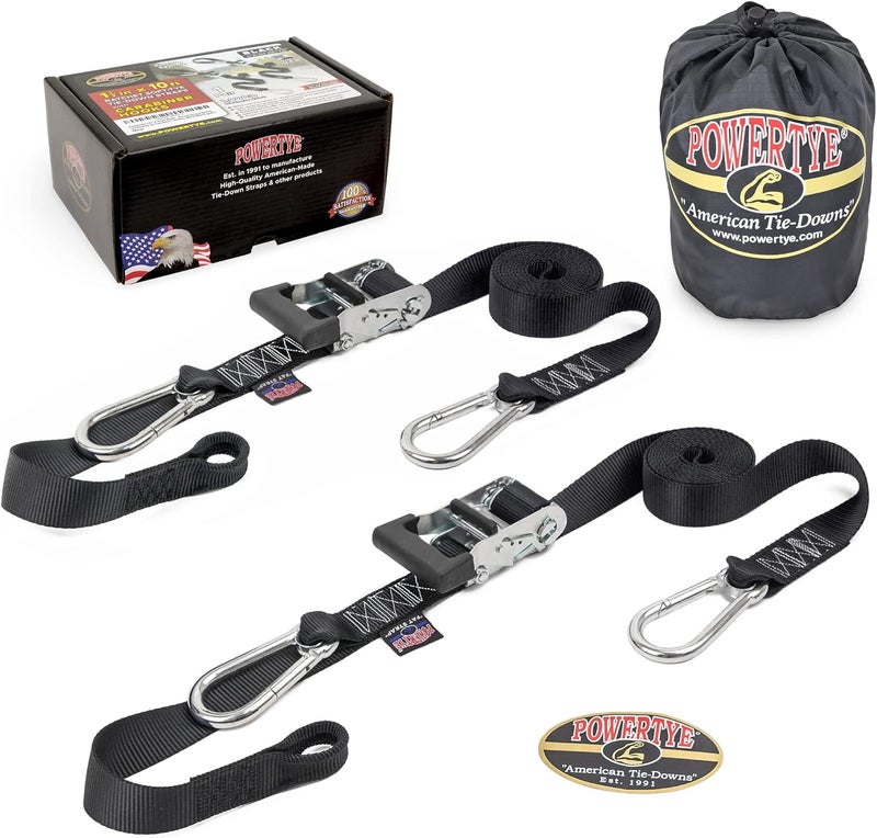 PowerTye 1.5 inch x 10ft Extra Long Ratchet Tie Down Straps, Heavy Duty with Carabiner Hooks, Soft-Tye & Bag, for Motorcycle, ATV & Cargo - 1,000 lb WLL - Made in USA - Black/Black Pair - Image 1