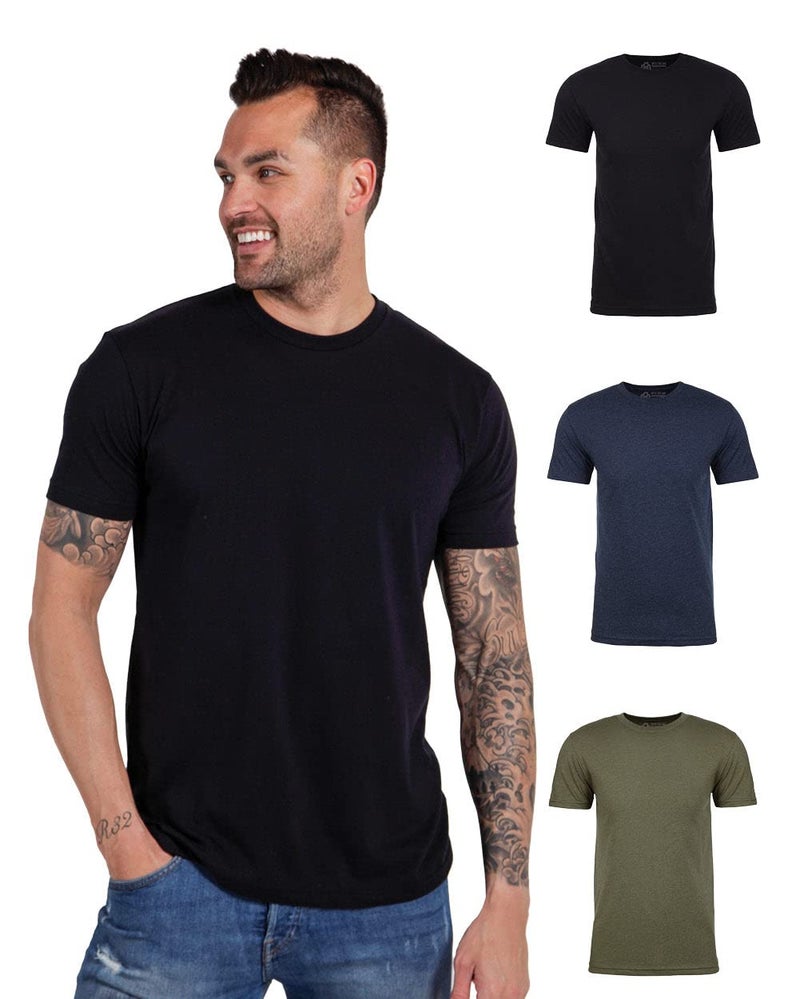 INTO THE AM Men's Plain Basic Tees 3 Pack Multipack - Fitted Essential Crewneck Blank Gym Classic Casual True Fit Fashion Undershirts for Guys (Black/Navy/Olive Green, Large) - Image 1