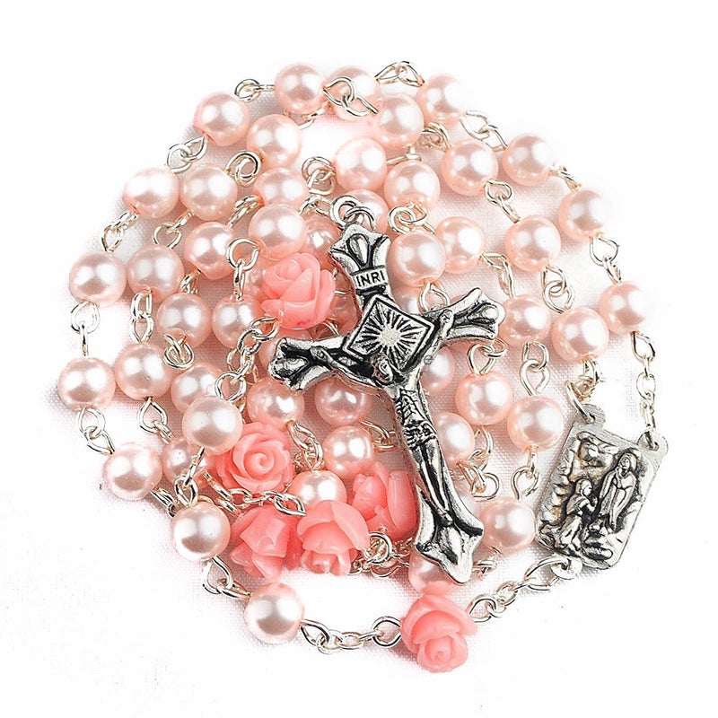 Nazareth Store Nazareth Store Catholic Pink Pearl Beads Rosary Necklace Our Rose Flowers, Lourdes Medal & Cross NS  - Image 1