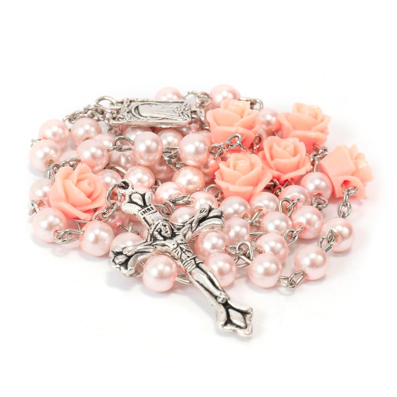 Nazareth Store Nazareth Store Catholic Pink Pearl Beads Rosary Necklace Our Rose Flowers, Lourdes Medal & Cross NS  - Image 3