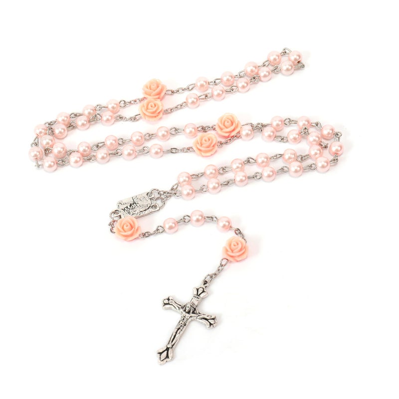 Nazareth Store Nazareth Store Catholic Pink Pearl Beads Rosary Necklace Our Rose Flowers, Lourdes Medal & Cross NS  - Image 5