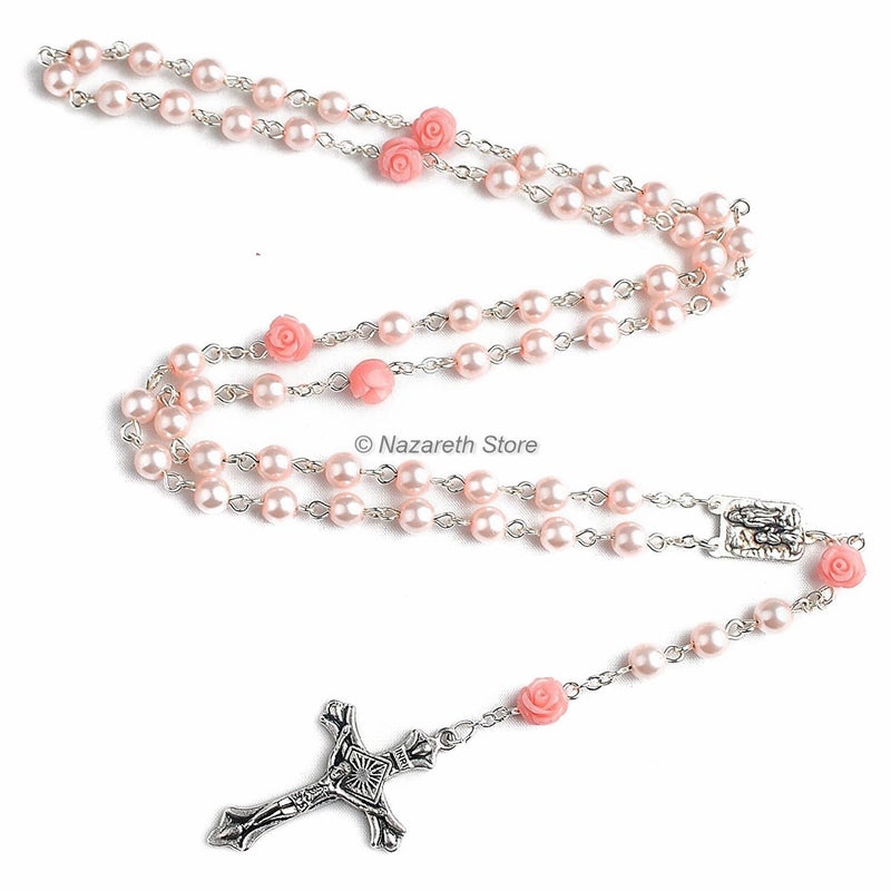 Nazareth Store Nazareth Store Catholic Pink Pearl Beads Rosary Necklace Our Rose Flowers, Lourdes Medal & Cross NS  - Image 2