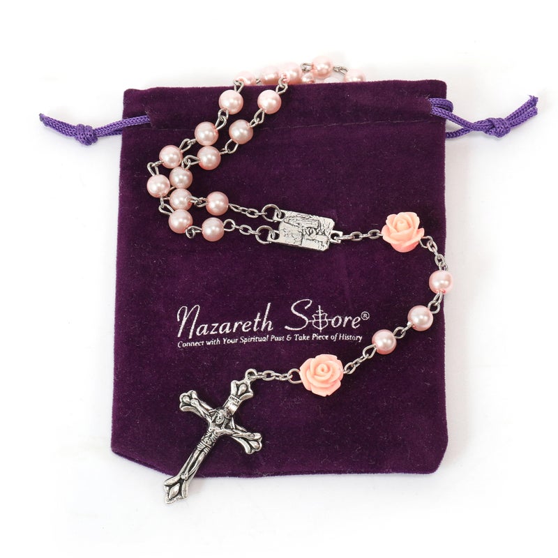 Nazareth Store Nazareth Store Catholic Pink Pearl Beads Rosary Necklace Our Rose Flowers, Lourdes Medal & Cross NS  - Image 4