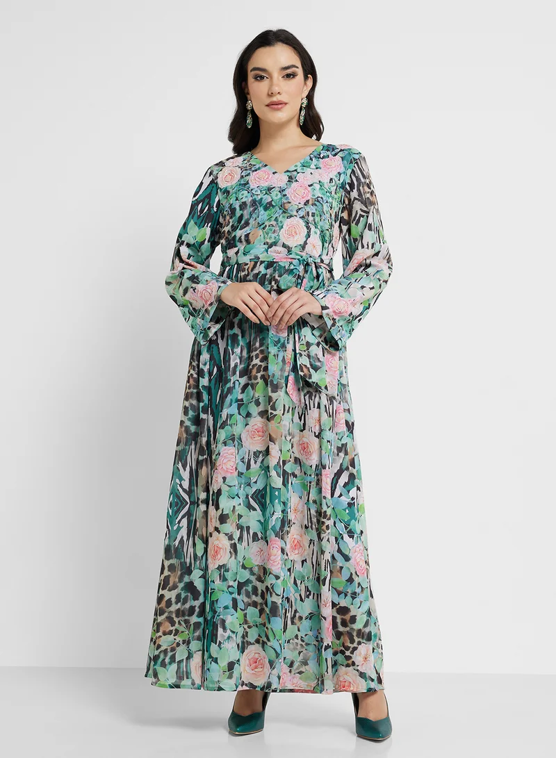 KASHKHA Floral and Animal Print Dress with Beads Work (VDU532)