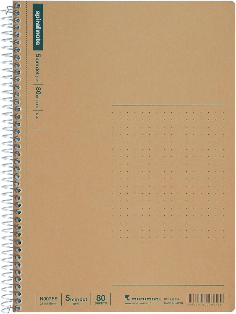 Maruman SPIRAL NOTE BASIC 6.26 x 8.31 inches (A5), 5mm dot grid, 80 Sheets (N007ES),White - Image 1