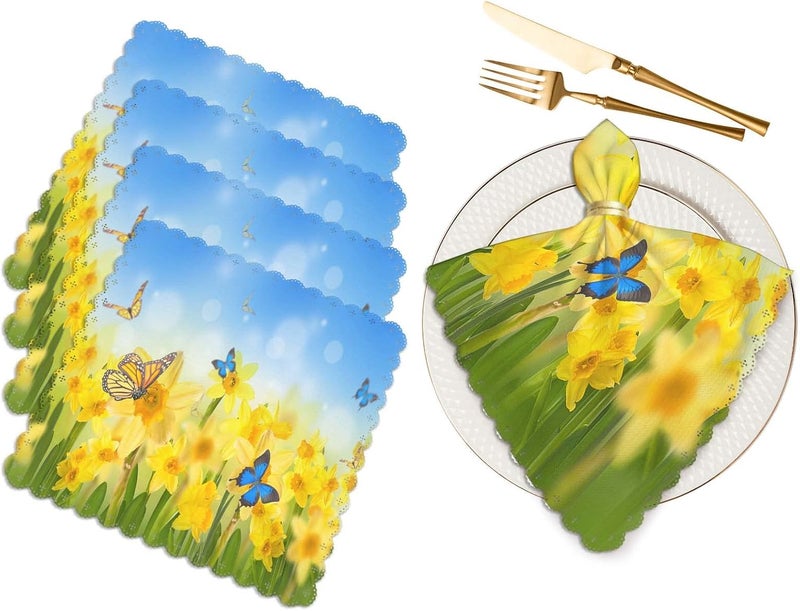 Yibeas Yellow Daffodils with Butterflies Cloth Napkins Set of 4 Soft Spring Background of Flowers Washable and Reusable Dinner Napkins for Weddings Parties 18 x 18 inch - Image 1