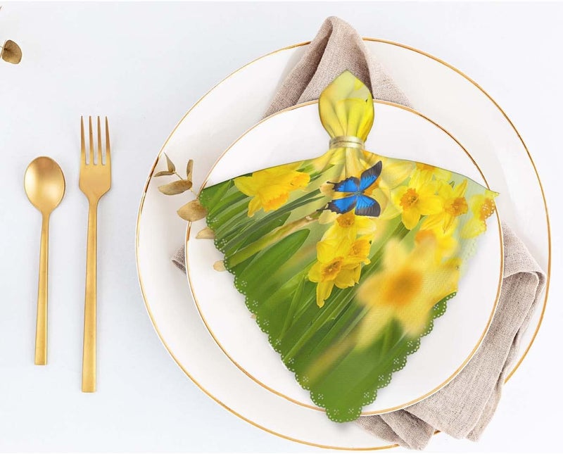 Yibeas Yellow Daffodils with Butterflies Cloth Napkins Set of 4 Soft Spring Background of Flowers Washable and Reusable Dinner Napkins for Weddings Parties 18 x 18 inch - Image 5