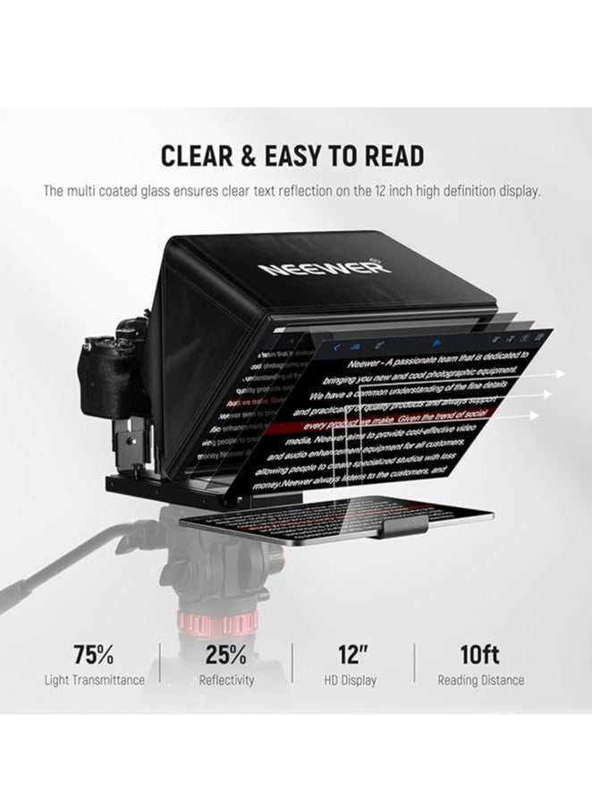 NEEWER BASICS X12B 12" Aluminum Alloy Teleprompter for iPad, Tablet, Phone & DSLR Camera with Remote & App Control, Compatible with iOS/Android – Ideal for Live Streaming & Online Lessons - Image 5