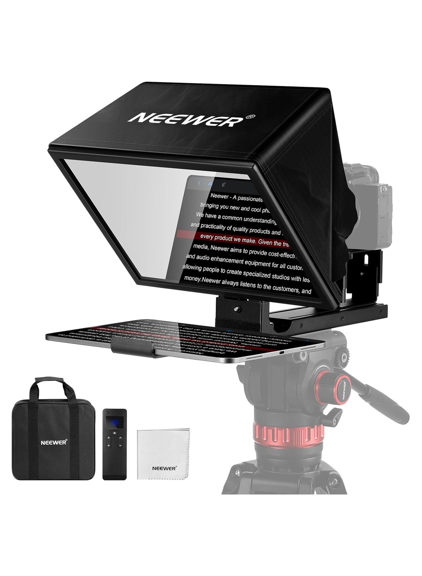 NEEWER BASICS X12B 12" Aluminum Alloy Teleprompter for iPad, Tablet, Phone & DSLR Camera with Remote & App Control, Compatible with iOS/Android – Ideal for Live Streaming & Online Lessons
