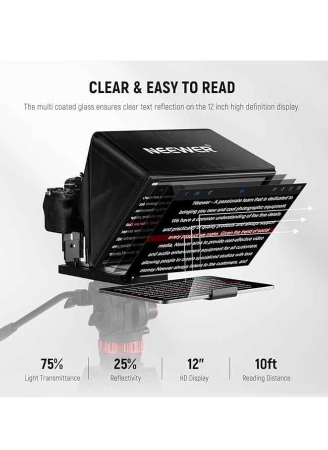 Neewer - NEEWER X12B 12 Inch Teleprompter Aluminium Alloy Basics Type, for iPad, Tablet, Phone, DSLR Camera, Remote Control, App Control, Compatible with iOS, Android, Pro for Online Teaching, Live Streaming - Image 1