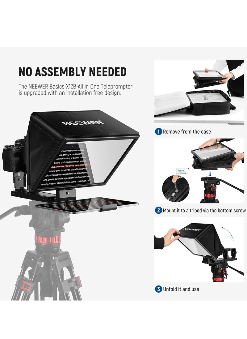 Neewer - NEEWER X12B 12 Inch Teleprompter Aluminium Alloy Basics Type, for iPad, Tablet, Phone, DSLR Camera, Remote Control, App Control, Compatible with iOS, Android, Pro for Online Teaching, Live Streaming - Image 1