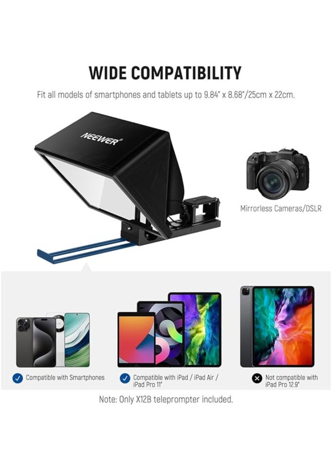 Neewer - NEEWER X12B 12 Inch Teleprompter Aluminium Alloy Basics Type, for iPad, Tablet, Phone, DSLR Camera, Remote Control, App Control, Compatible with iOS, Android, Pro for Online Teaching, Live Streaming - Image 1